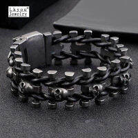 Lkyou Black Skull ผู้ชายสร้อยข้อมือห่วงโซ่ร็อคพังก์สายข้อมือหนัง Hip-Hop Armband เครื่องประดับ