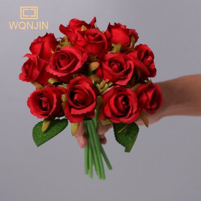 12pcs Red Artificial Silk Roses Flower Bouquet For Wedding Bride Holding Home Fake White Flowers Cheap For Home Table Decoration
