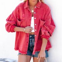 ☇☏卍 2023 Denim Jacket Turn Down Collar Sleeve Pockets Tassels Coat Loose Female Outwear