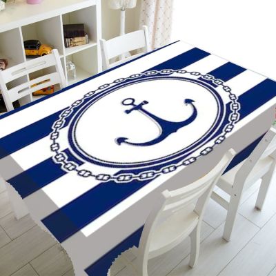 Nautical Anchor Navy Blue White Striped Party Home Decor Marine Ocean Tablecloth for Rectangle Square Tables Cover Cloth Dining