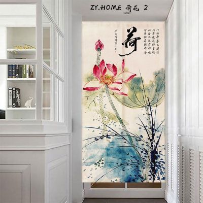 Door Curtains Chinese Style Lotus Heavy Cotton Linen Multi-Size Length Compartment Kitchen Bedroom Door Curtains