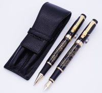 Jinhao สีดำลูกหลานของ Dragon Fountain ปากกา &amp; Roller ปากกาหนังแท้กระเป๋าดินสอล้าง Cowhide ปากกาชุด