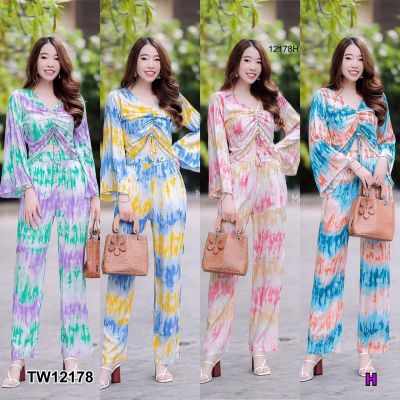 TW12178 Set 2 ชิ้น เสื้อแขนยาวรูดอกมัดย้อม + กางเกงมัดย้อมขายาว