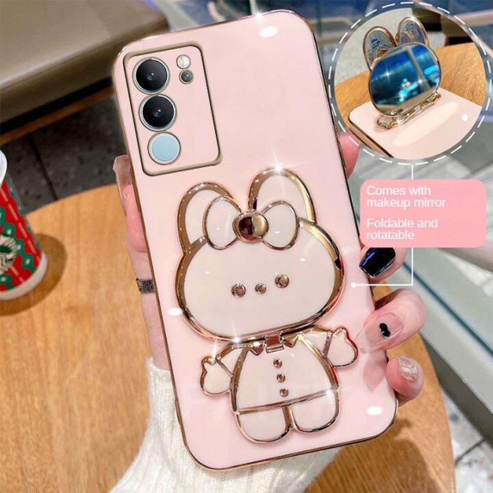 เคสโทรศัพท์สำหรับ-vivo-v29-v27-v27e-v25e-v25-v23-v23e-y36-y27-y78-5g-4g-กระต่ายที่ยึดกระจกพับแต่งหน้ากระต่ายชุบเรียบ-vivo-v29ป้องกันเลนส์กล้องเคสโทรศัพท์