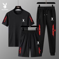 【July hot】 Playboy summer sports suit mens short-sleeved running sportswear trendy casual three-piece