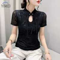 YIMEI เสื้อแจ็คการ์ดกระดุมเรโทรสำหรับผู้หญิง,เสื้อยืดสตรีพิมพ์ลายเสื้อยืดผ้าตาข่ายหรูหราแขนสั้นสำหรับฤดูร้อน2023