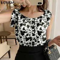 (จัดส่งฟรี)Fancystyle VONDA เสื้อพิมพ์ลายลายดอกไม้วินเทจของผู้หญิงเสื้อเด็กแขนกุดชายหาดวันหยุด