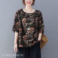 COD DSFDGDFFGHH Short-Sleeved Top 100 Pure Cotton Loose Large Size Retro Ethnic Style Casual Half-Sleeved Round Neck Printed T-Shirt Womens Trendy