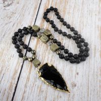 Obsidian Men Necklaces Gold Plated Arrowhead Pendant  Natural Black Volcanic Stone Beads Choker Jewelry Free Shipping Fashion Chain Necklaces