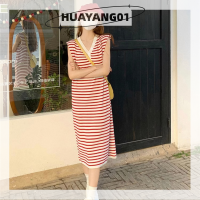 HUAYANG01 [2023 new HOT FASHION] lazlook เดรสมิดิลายทางสำหรับผู้หญิงออฟฟิศชุดเดรสทรง A Line แนววินเทจคอวี