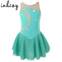 Kids Girls Mesh Rhinestone Gymnastics Leotard Stage Performance Figure Skating Dress Chiffon Skater Dance Competition Costumes