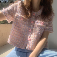 Korejpaa Women Jackets 2021 Summer Korea Chic Ladies French Retro Round Neck Raw Edges Design Loose Pockets Tweed Short Jacket