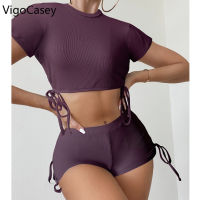 VigoCasey Sexy Solid Short Sleeve Bikini Set Swimwear Women 2023 High Waist Shorts Swimsuit Biquini Summer Beach Bathing Suit2023