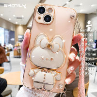 เคสโทรศัพท์ Samsung Galaxy J4 Plus,J2 J6 Plus J5 Prime J7 Prime J3 J5 2017 J7 2017 J7 Pro สุดหรูเคสโทรศัพท์ชุบโลหะด้วยไฟฟ้าหรูหราแฟชั่นน่ารักลายกระต่ายผีเสื้อตัวยึดกระจกแต่งหน้าซิลิโคนนิ่ม + เชือกยาว