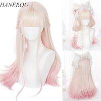 HANEROU Cos วิกผมทรงโลลิต้าผมสีชมพูผมบลอนด์สำหรับปาร์ตี้สังเคราะห์ยาวตรงคอสเพลย์วิกผมผู้หญิง