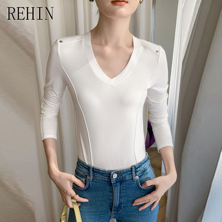 rehin-เสื้อยืดแขนยาวกุ๊นรูปตัวยูสำหรับผู้หญิง-เสื้อสตรีมีสไตล์ไม่ซ้ำใครดีไซน์สวยหรูเสื้อคอวีไหล่บุนวม