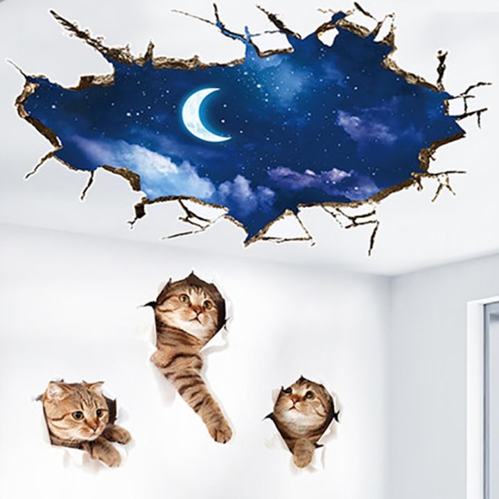 night-moon-cats-3d-wall-stickers-fashion-sky-home-decor-for-kids-room-creative-hole-view-wall-decals-bedroom-decoration
