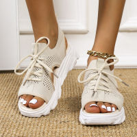 【ready stock】Plus size sports sandals womens thick-soled flying woven soft-soled casual flat-bottomed hollow beach sandals