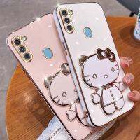 Folding Makeup Mirror Phone Case For Samsung Galaxy A11 M11  Case Fashion Cartoon Cute Cat Multifunctional Bracket Plating TPU Soft Cover Casing