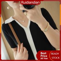 Ruidiandian เสื้อสเวตเตอร์สวมหัวเสื้อกันหนาวแบบถัก S-3XL สำหรับผู้หญิง,ใหม่ฤดูใบไม้ผลิฤดูร้อนเสื้อชิ้นบนแขนสั้นเสื้อยืดถักคอวีเสื้อกันหนาวบางเสื้อยืดผู้หญิง