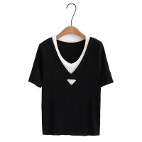 【มีไซส์ใหญ่】Plus Size Womens Short Sleeve False Two Pieces Summer Shirts Oversized Casual Fashion Knitted Female Tops Large Size White Black Top