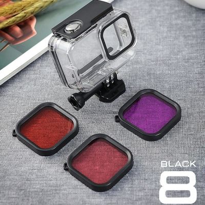 ที่กรองซองกันน้ำ60ม. เคสห่อหุ้มดำน้ำว่ายน้ำสีม่วงสีชมพูแดงตัวกรองเลนสำหรับ Gopro Hero 8กล้องแอ็กชันสีดำ