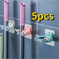 【Ready Stock】5pcs Mop Holder Bath Room Seamless Adhesive Wall Sticker Hook Broom Storage Rack