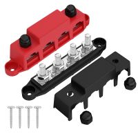 2Pcs 12V Power Distribution Block 250A Bus Terminal Block with Cover 4 x 3/8 Inch Binding Posts, Red+Black