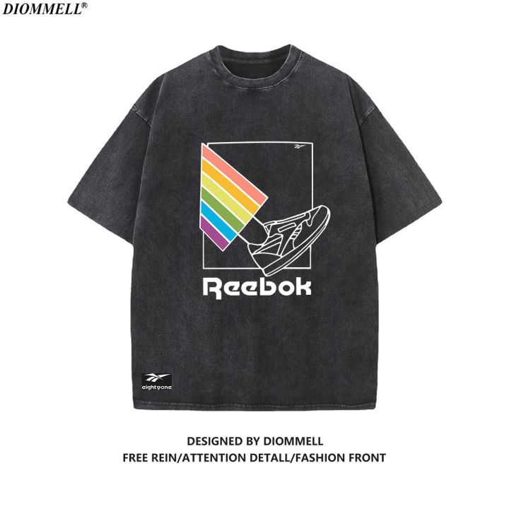 reebok-reebok-เสื้อยืดผู้ชายย้อนยุคสีรุ้งเท้า-คอกลมฤดูร้อนสบายแขนสั้นโอกาส