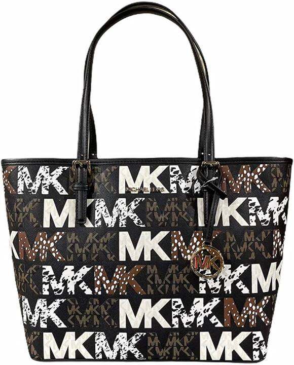 Michael Kors Jet Set Travel Medium Carryall Tote Black Graphic Mk Logo  Multi 