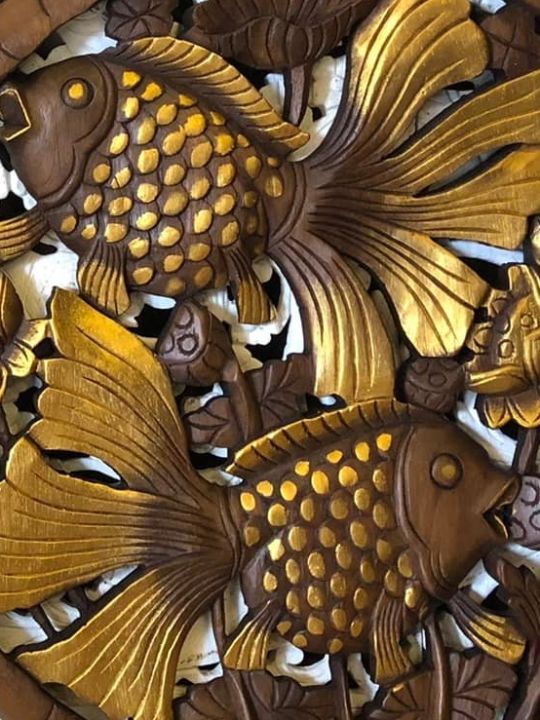 ปลาทองแกะสลัก-ได้-2-แผ่น-ขายแยก-ไม้สักฉลุ-ขนาด-60x60-cm-หนา-3-cm-แผ่นไม้แกะสลัก-ปัดสีทอง-ไม้สักแกะสลัก-pair-teak-wooden-carved-goldfish-art-wall