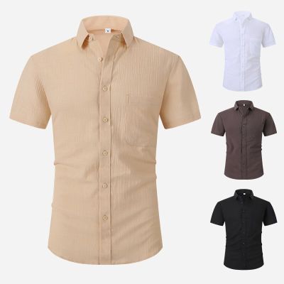 HOT11★Summer Mens Linen Cal on Up Shirt Short Sleeve 100% Cotton Regular Fit Solid Beach Style Shirt USA Plus Size