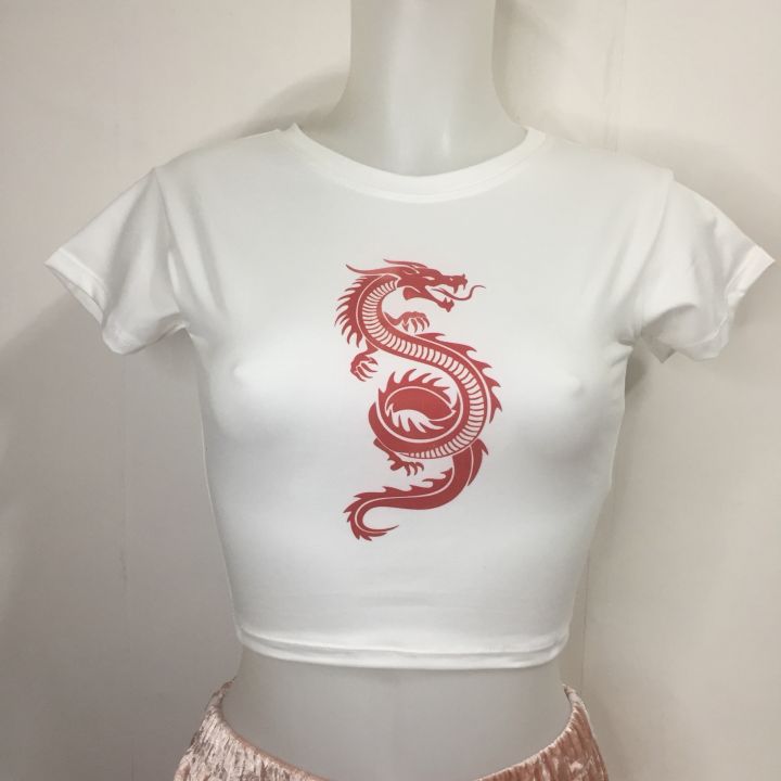 White Croptop Fitted lucky dragon red) Lazada