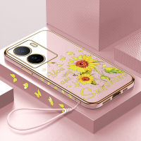 เคสสำหรับ Vivo โทรศัพท์ IQOO Z7 5G IQOO Z7X 5G ฟรีสายคล้อง5G + เคสขอบสี่เหลี่ยมดอกทานตะวันลายการ์ตูนเคสนิ่มชุบเคสโทรศัพท์สุดหรู