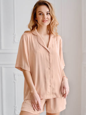 Hiloc Champagne Sleepwear Solid Half Sleeves Suits With Shorts Female Pajama Sets Single-Breasted Set Woman 2 Pieces 2022 Summer