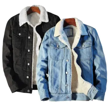 Buy Lavnis Men's Denim Fleece Jacket Winter Button Down Fur Collar Jeans  Coat (M, White Blue) at Amazon.in