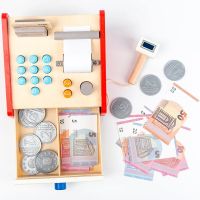 Childrens Simulation Montessori Wooden Cash Register Childrens Play House Toy Gift Pretend Cosplay Cash Register Toy