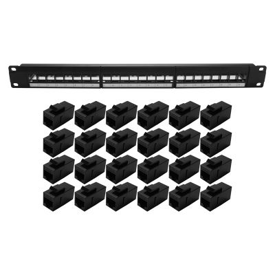 19Inch 1U Cabinet Rack Pass-Through 24 Port CAT6 Patch Panel RJ45 Cable Adapter Keystone Jack Modular Frame