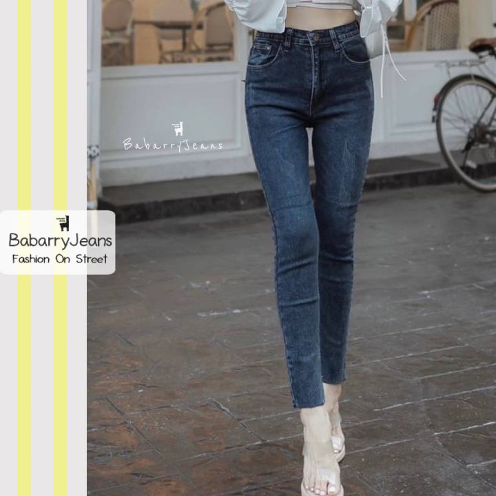 พร้อมส่ง-babarryjeans-กางเกงยีนส์ผู้หญิง-เอวสูง-ขาเดพ-ผ้ายืด-skinny-สีดำฟอก