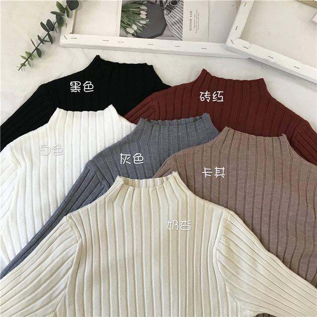 เสื้อสเวตเตอร์ถักสำหรับผู้หญิง-เสื้อสเวตเตอร์ลำลองครึ่งตัวคอปกเสื้อสูงแขนยาวบาง-aqj-907เสื้อสวมหัวถักนิตติ้งพื้น