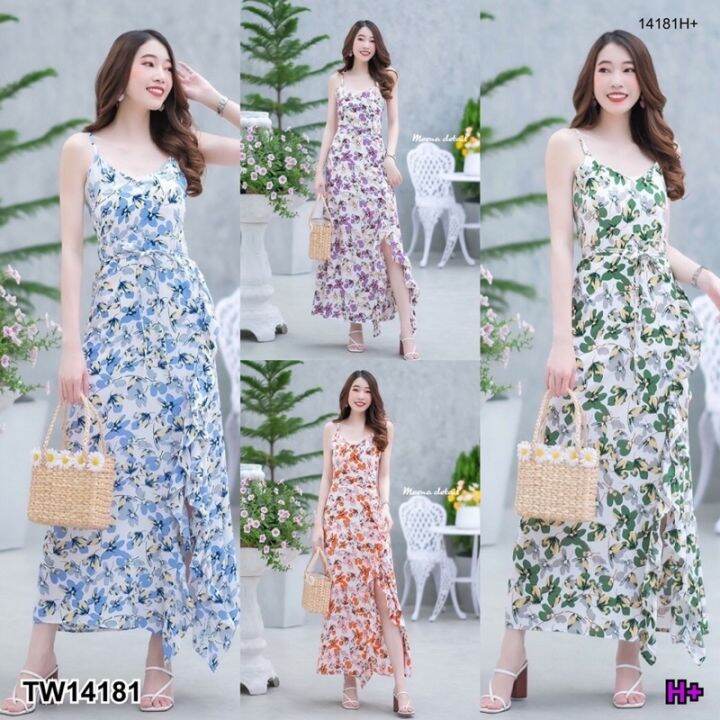 maxi-dress-สายเดี่ยวลายดอกไม้เกร๋ๆ-ดีเทลมีสายไขว้ด้านหลัง-แต่งผ้าระบายและผ่าด้านหน้า-มีซัปใน