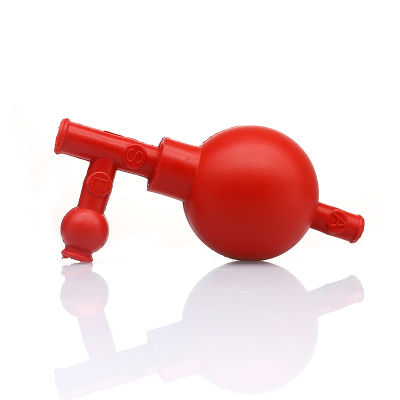 หลอดไฟดูดยางสีแดงลูกบอลดูดยางปลอดภัยสามทางสำหรับ Pipet Kaca ลูกบอลปิเปต
