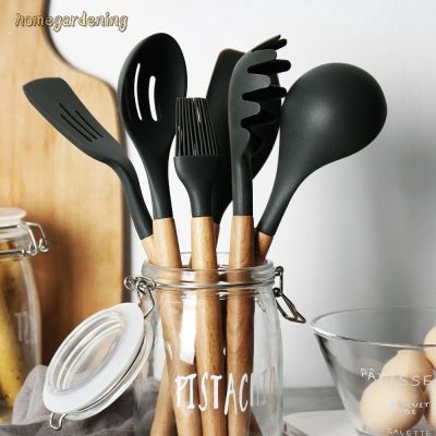 Silicone Nonstick Kitchenware Spatula Spoon Heat Resistant Slotted with Wood Handle