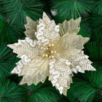 22cm golden gauze artificial Christmas flower Merry Christmas Tree Ornament Wedding Artificial Flowers For Home Decoration Xmas