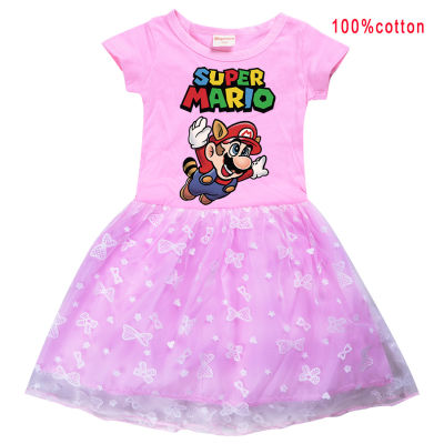 Super Mario Bros เสื้อผ้าเด็ก2-9ปีพิมพ์ลายรุ้งชุดเจ้าหญิงน่ารักฤดูใบไม้ผลิฤดูร้อน0000