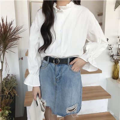 White blouse Lantern Long Sleeve Pleated Collar Casual Womens Tops
