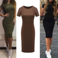 ?SEN? ผู้หญิงผ้าฝ้ายเข่า-ความยาวผอม Office Dress แขนสั้น bodycon pencil DRESS