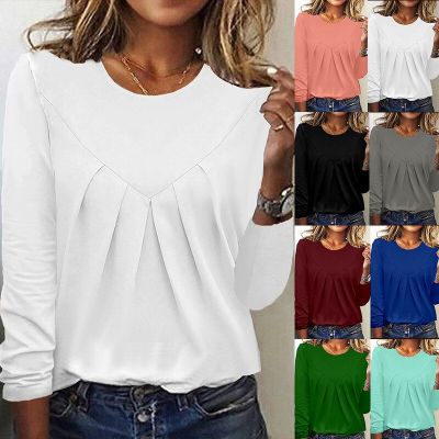 Casual Solid Loose T-Shirt 2023 Autumn/Winter New Simple Wrinkle Underlay Fashion Plus Size Round Neck Long Sleeve Top S-5XL