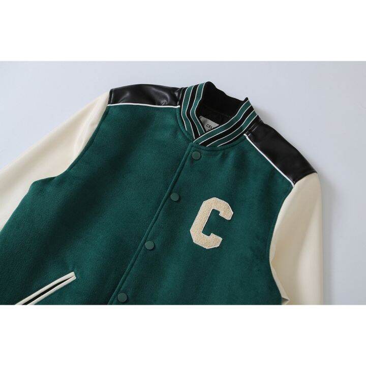 little-red-book-ouyang-nana-same-style-big-c-turquoise-green-woolen-contrast-color-baseball-uniform-cotton-matching-jacket-trendy