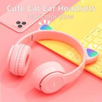 Big Wireless Headphones Cute Cat Ear LED Light Bluetooth Earphones Foldable Headphone Over Ear Wired Headset for Smartphone PC Over The Ear Headphones